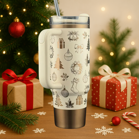 40oz Cream Golden Ornament Holiday Tumbler