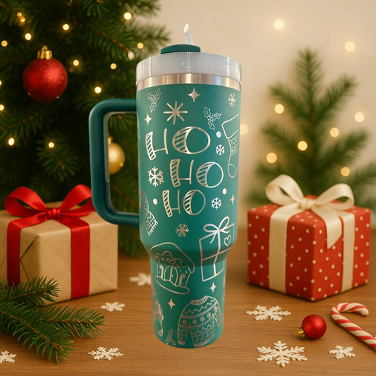 40oz Teal Ho Ho Ho Festive Holiday Tumbler