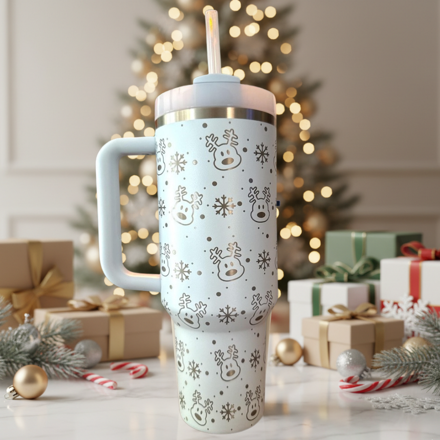 40oz Blue Reindeer Snowflake Winter Tumbler