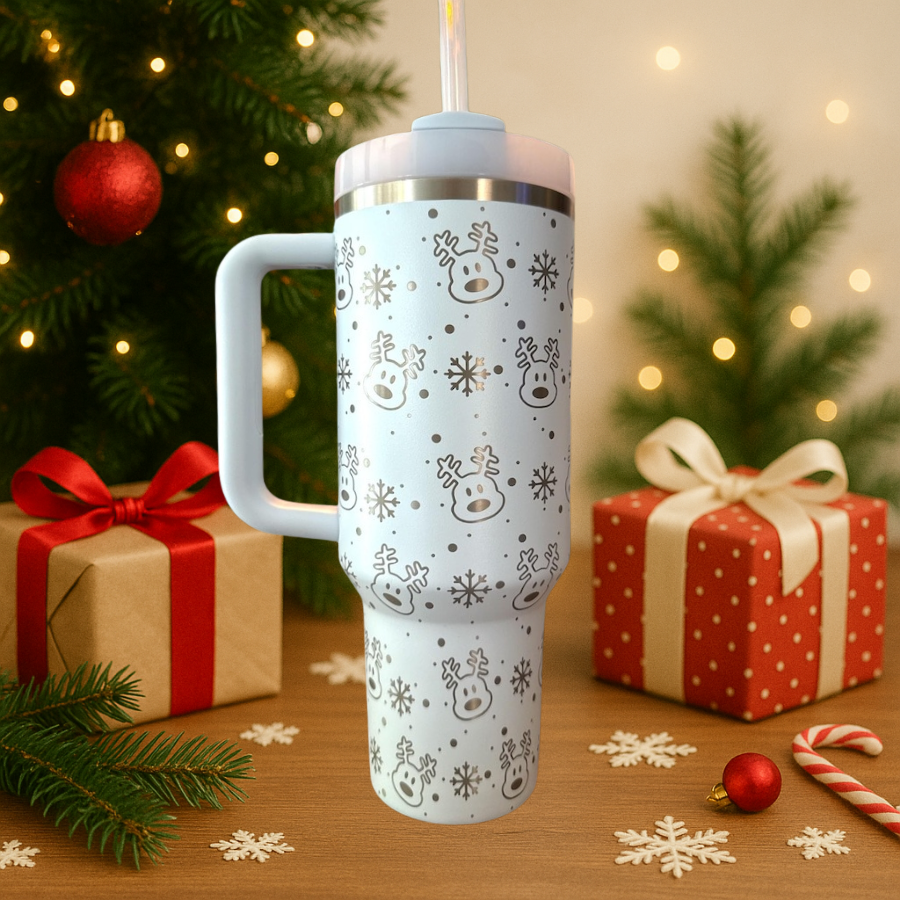 40oz Blue Reindeer Snowflake Winter Tumbler