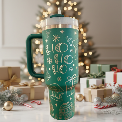 40oz Teal Ho Ho Ho Festive Holiday Tumbler