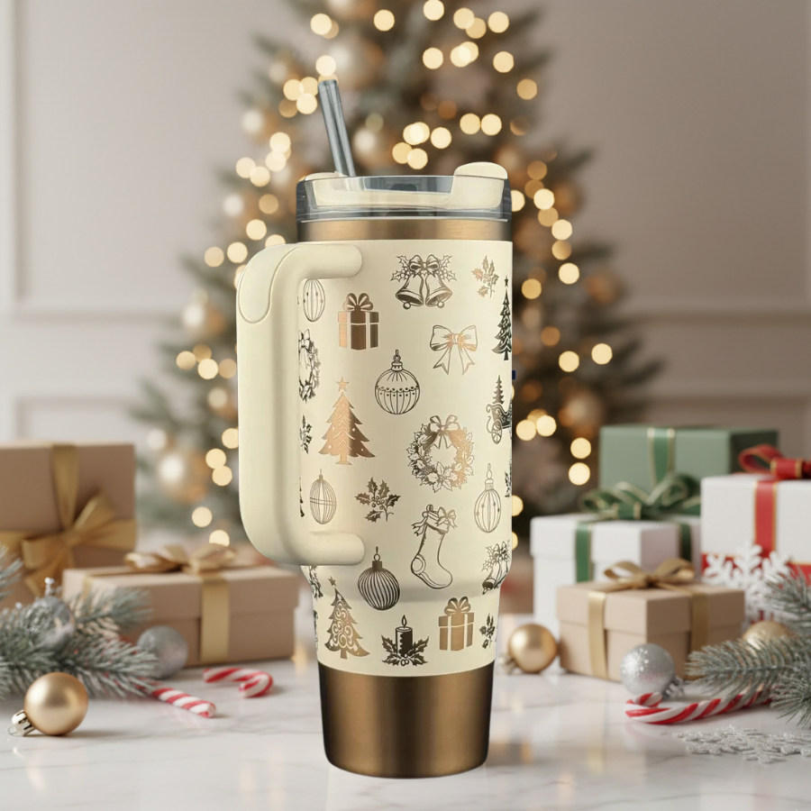40oz Cream Golden Ornament Holiday Tumbler