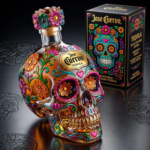 Day of the Dead Inspired Skull Tequila Bottle